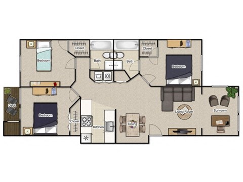 Floor plan for 3 beds, 2 baths, 1451 sqft